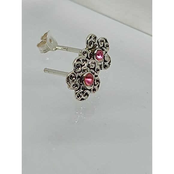 Vintage Estate Jewelry NOS .925 Sterling Silver Pink Crystal Flower Earrings - Picture 8 of 8